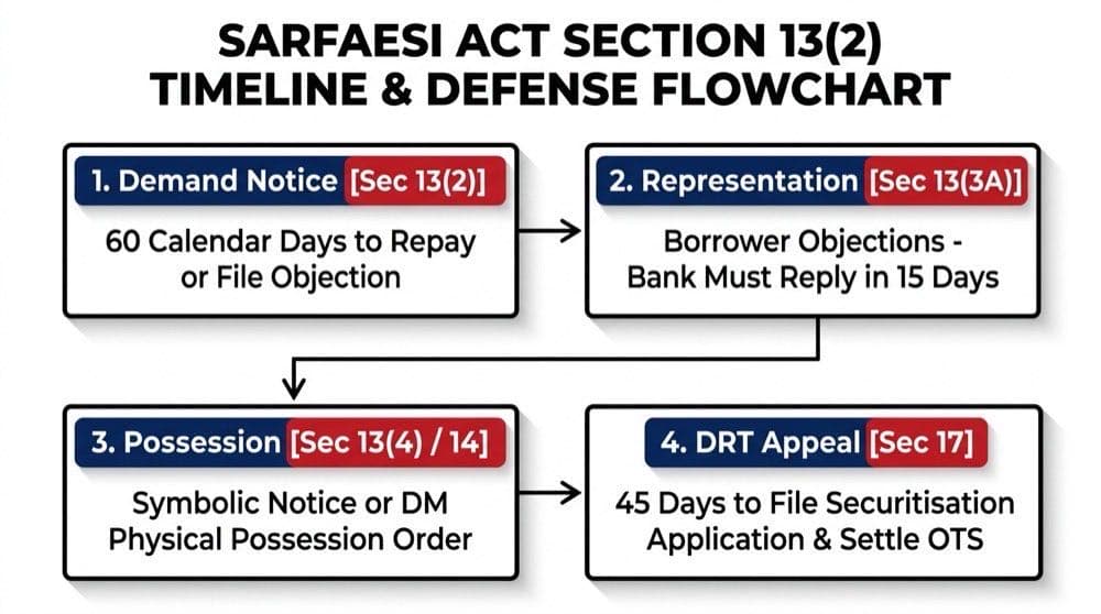 SARFAESI Act Section 13(2) Notice 60-Day Reply Timeline and Settlement Flowchart