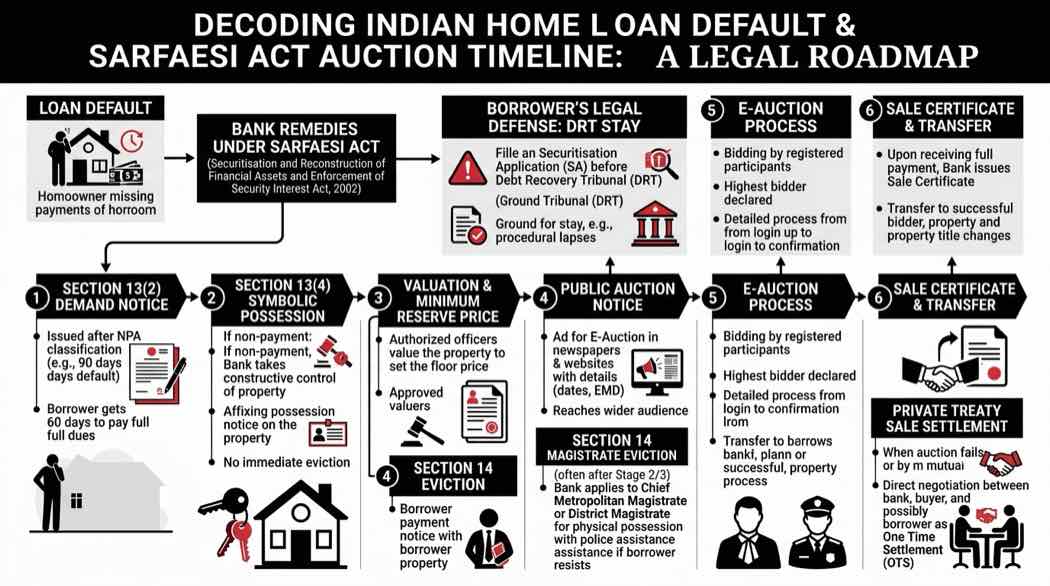 Indian home loan default, SARFAESI Act auction timeline, and DRT stay legal roadmap