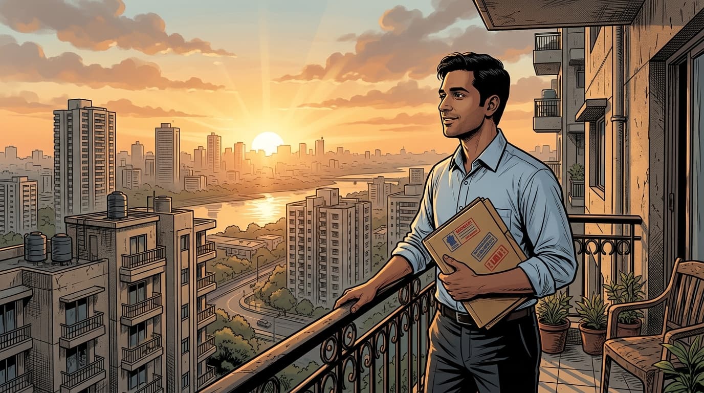 Aditya standing at sunrise holding official bank loan settlement certificate