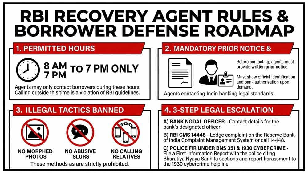 RBI recovery agent rules calling hours advance notice and police FIR roadmap