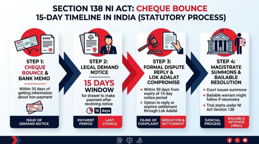 Section 138 NI Act Cheque Bounce 15-Day Reply Timeline and Settlement Flowchart
