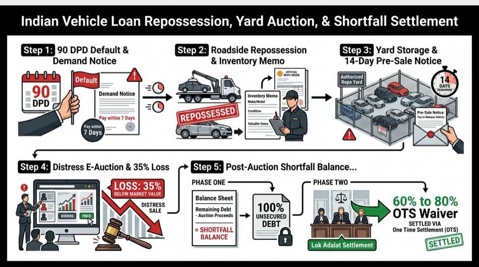 Indian vehicle loan repossession timeline, yard auctions, and shortfall OTS roadmap